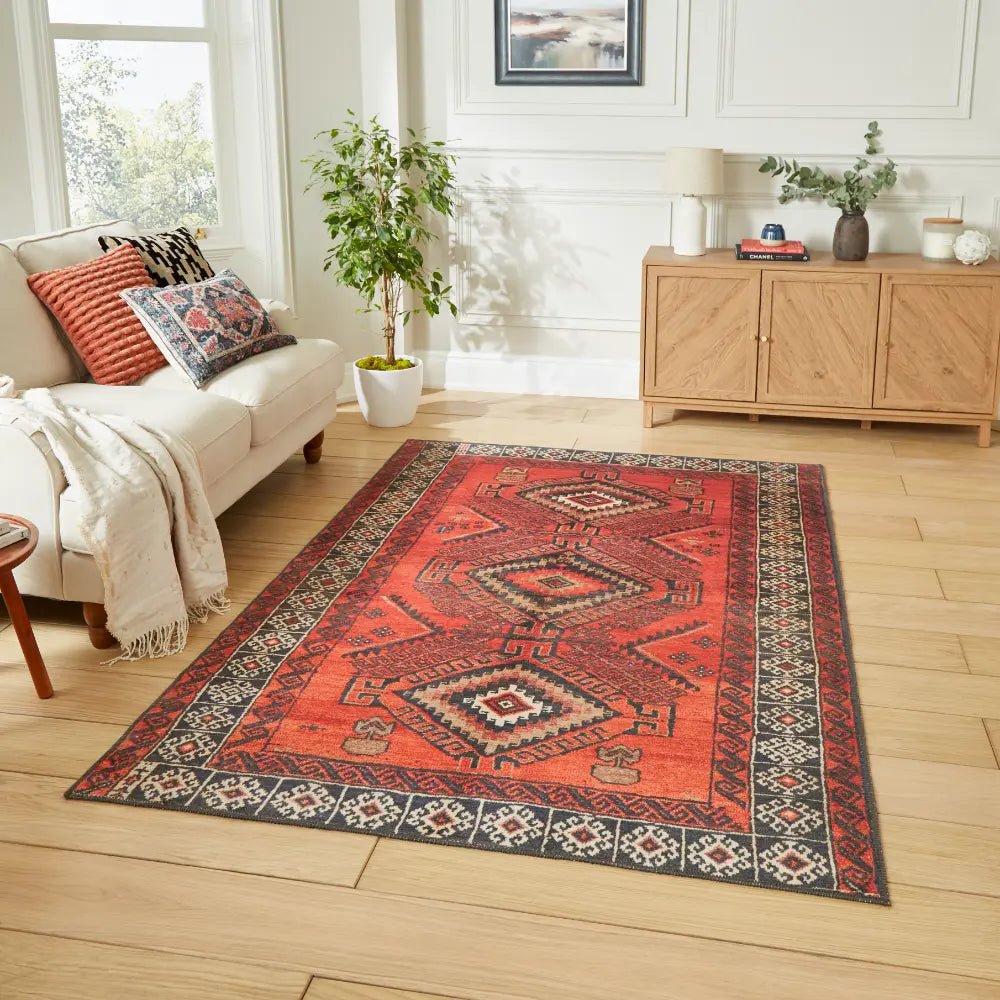 Kashmar Washable Rug, Red 60 x 230cm runner,127 x 170cm,152 x 230cm,190 x 290cm