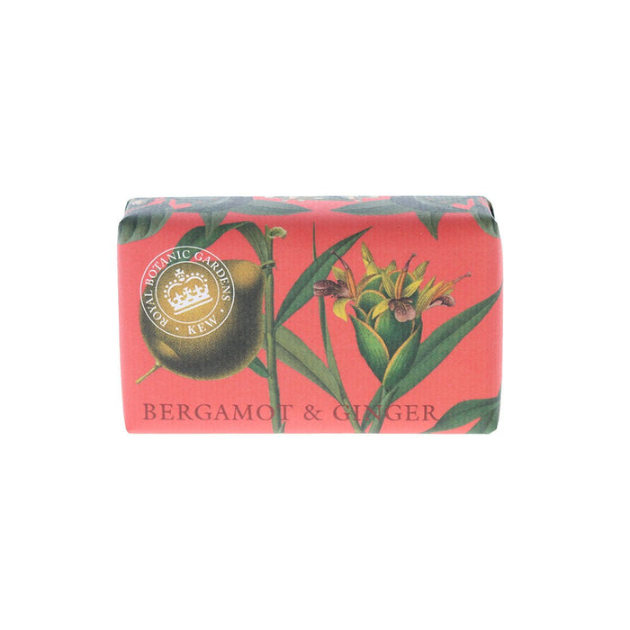 Kew Gardens Bergamot and Ginger Soap in red paper wrap featuring botanical illustrations and the Kew logo.