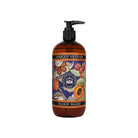 Amber bottle of Apricot Vetiver Hand Wash featuring a butterfly and fruit botanical illustration on a blue label.