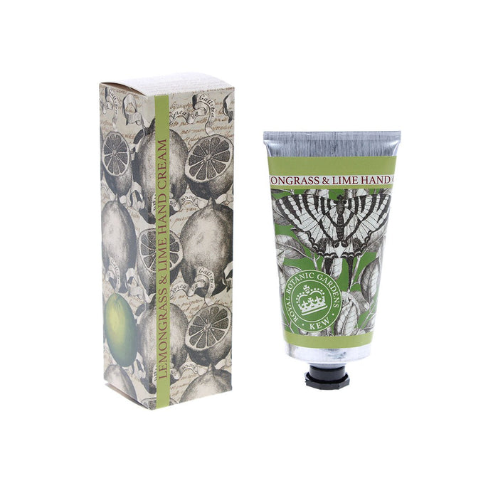 Kew Gardens Lemongrass and Lime Hand Cream tube and illustrated gift box featuring botanical citrus drawings.