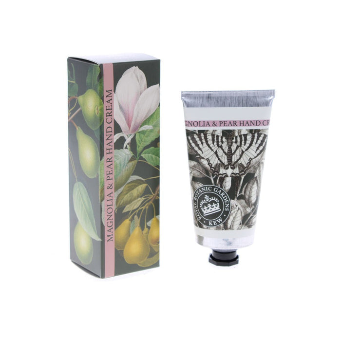 Kew Gardens Magnolia and Pear Hand Cream tube next to illustrated botanical gift box on white background