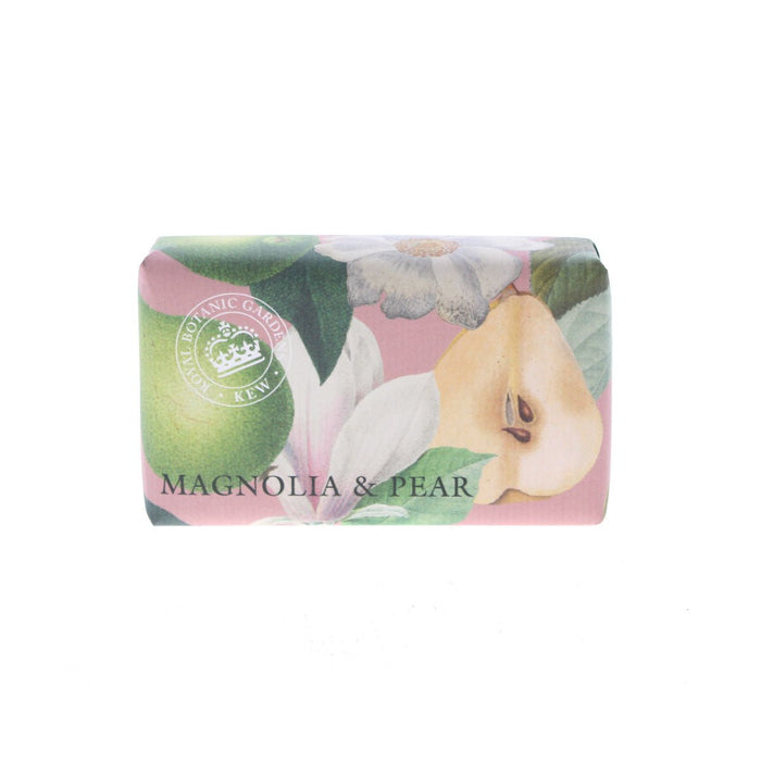 Kew Gardens Magnolia and Pear soap bar in pink botanical paper wrap with floral and pear illustrations