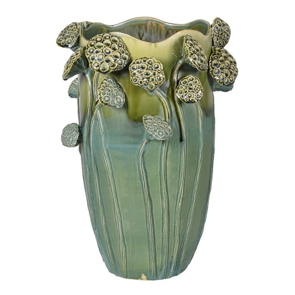 Large ceramic vase with green and blue glaze and raised lotus seed head decorative details.