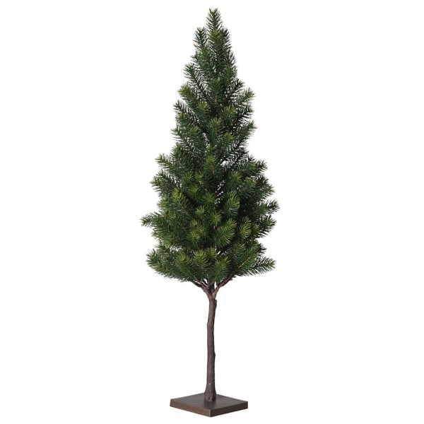 Large faux pine tree with realistic green needles on a brown stem and square base against a white background.