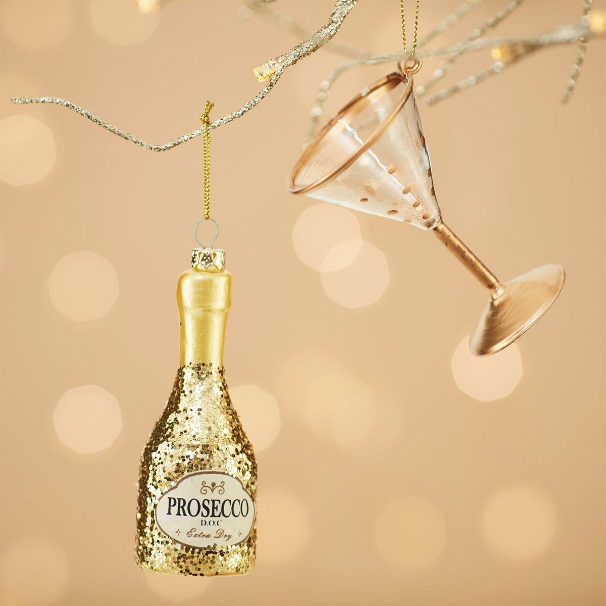 Lets Celebrate Glitter Prosecco Bottle Shaped Bauble - Angela Reed - Christmas Decorations