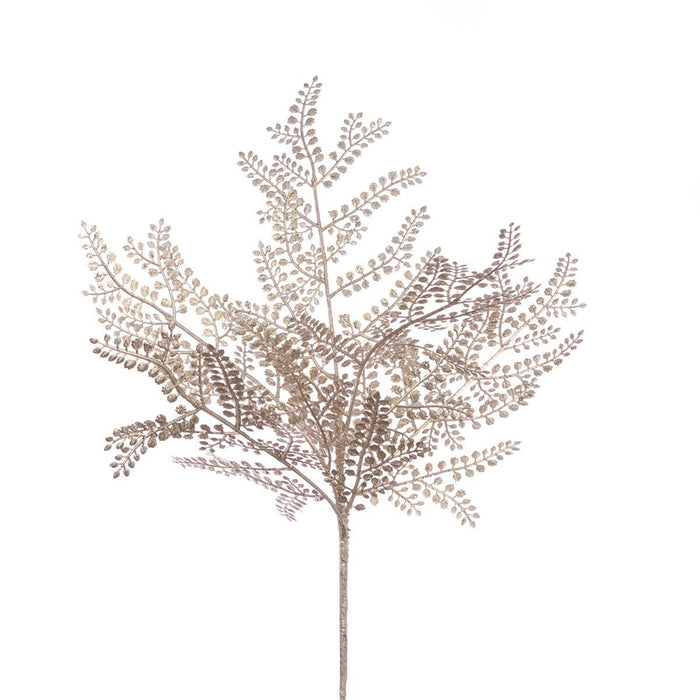 Metallic maidenhair fern artificial spray with shimmering gold and silver leaves against a white background