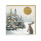 Moonlit Tree card featuring a painted bunny looking at a gold moon and star-covered Christmas tree with a gold envelope.