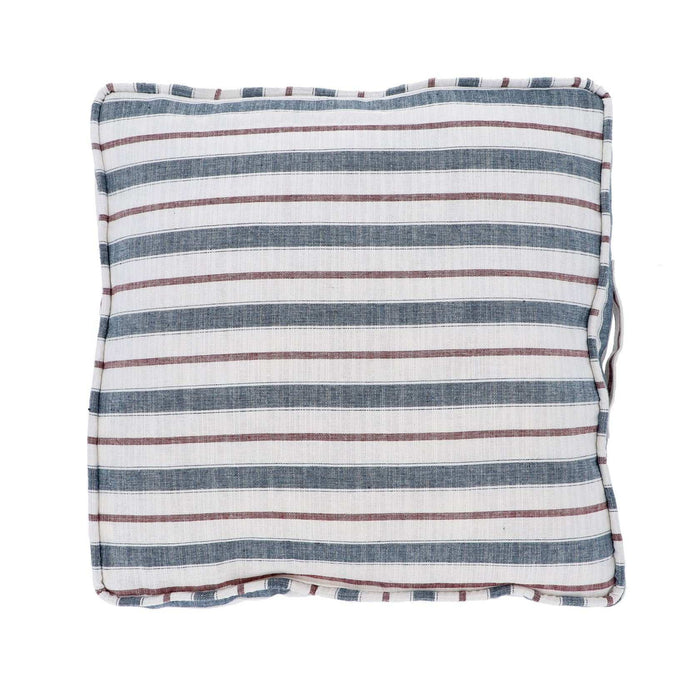 Square box seat cushion with horizontal navy and red stripes and an integrated carrying handle
