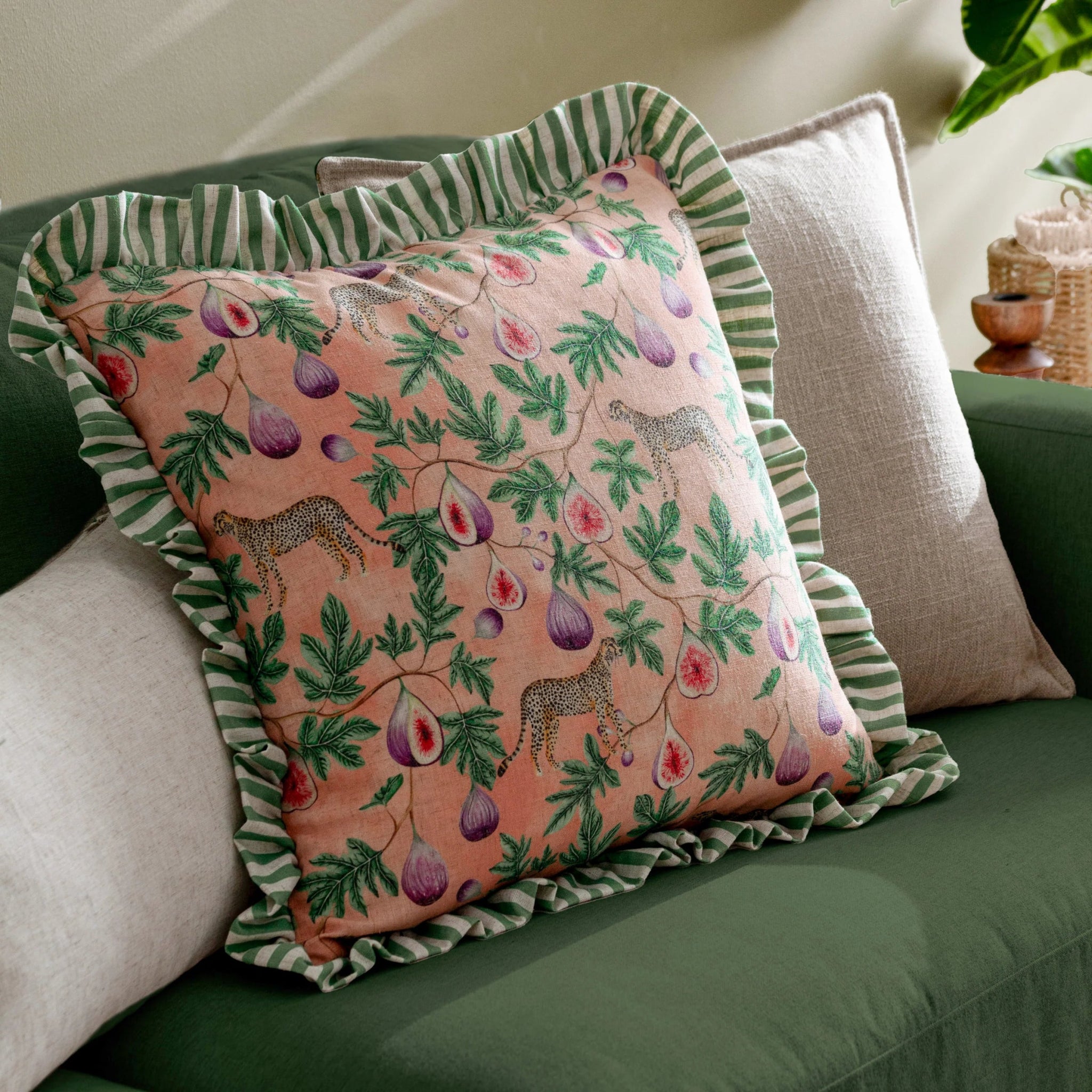 Okara Leopard And Fig Printed Ruffle Cushion
