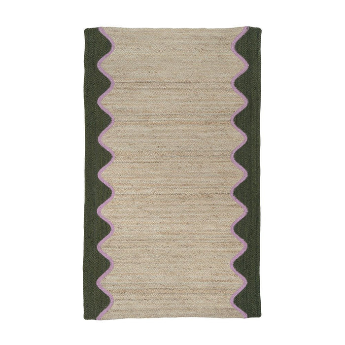 Overhead view of a rectangular jute runner rug with a natural beige centre and a scalloped olive and pink border.