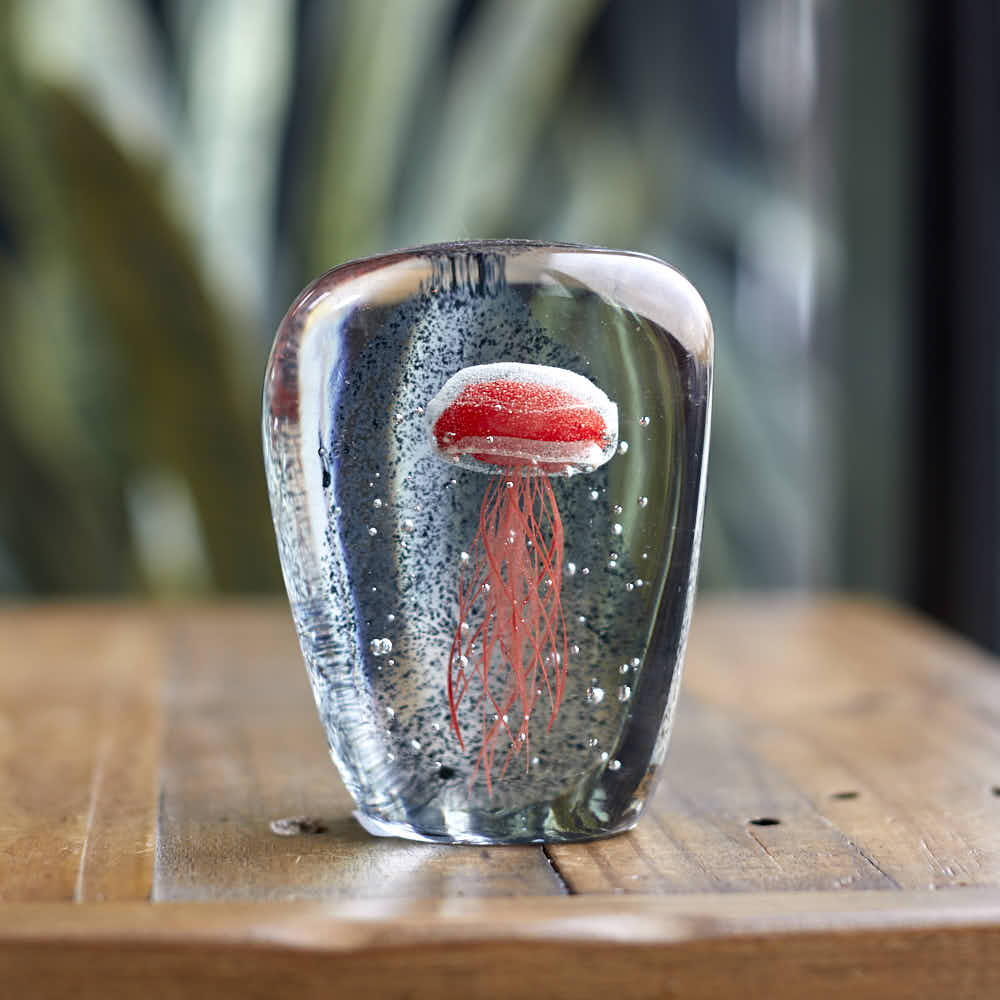 Orange Jellyfish in Ice Paperweight
