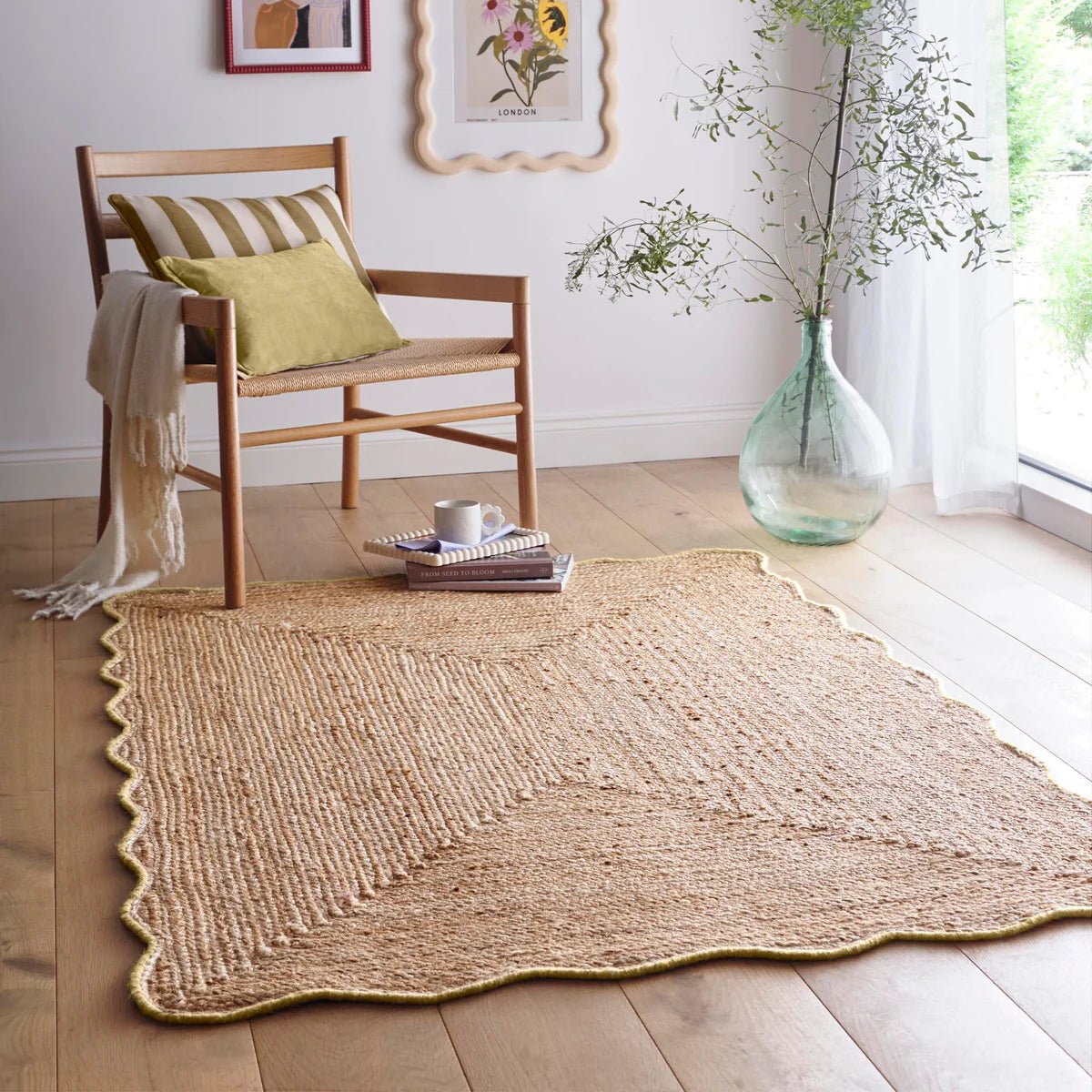 Origins Jute Scalloped Edge Rug, Yellow 120 x 170cm,160 x 230cm,67 x 200cm runner