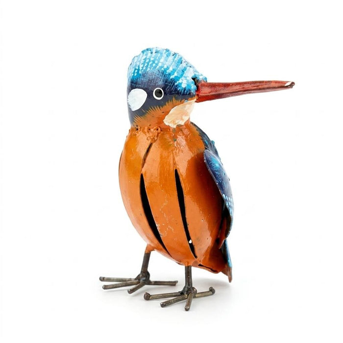Hand-painted reclaimed metal kingfisher sculpture with vibrant blue head and orange body against a white background.