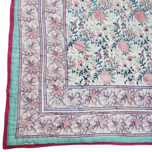 Pale Turquoise Floral Print Cotton Bedspread