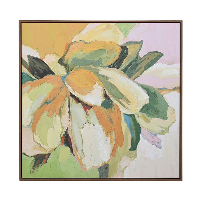 Contemporary styled square framed artwork featuring a peony in soft pastel shades of yellow, green, and pink.