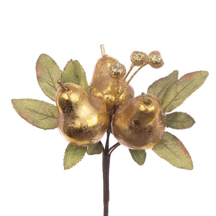 Artificial pear stem featuring three metallic gold pears with green and gold leaves on a brown branch