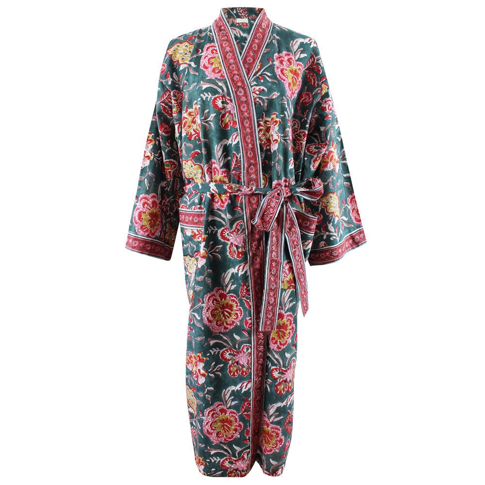 Pine Green and Red Block Print Dressing Gown