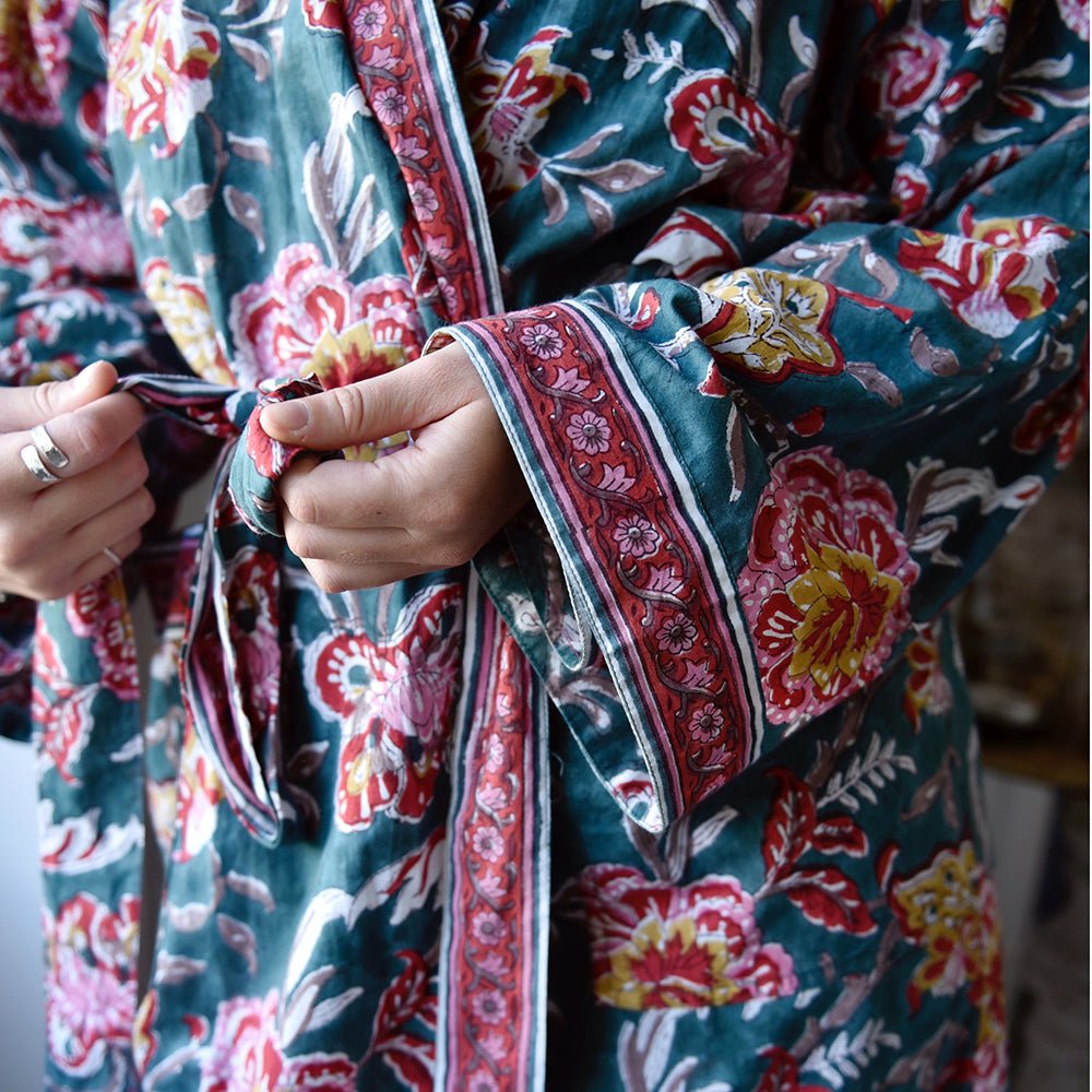 Pine Green and Red Block Print Dressing Gown
