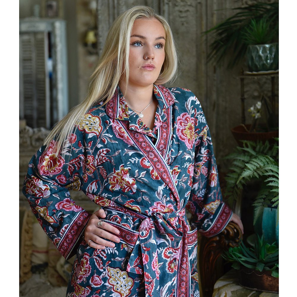 Pine Green and Red Block Print Dressing Gown