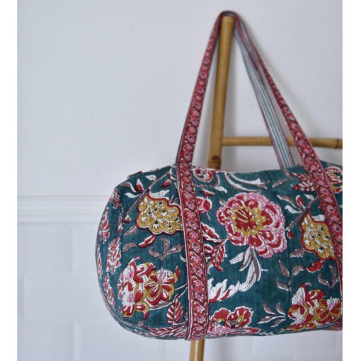 Pine Green, Red, Pink & Mustard Block Print Quilted Duffle Bag