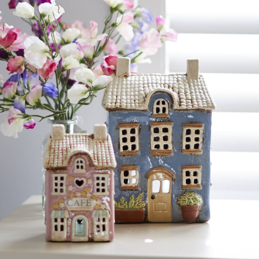 Pottery Tealight Tall Garden House, Blue