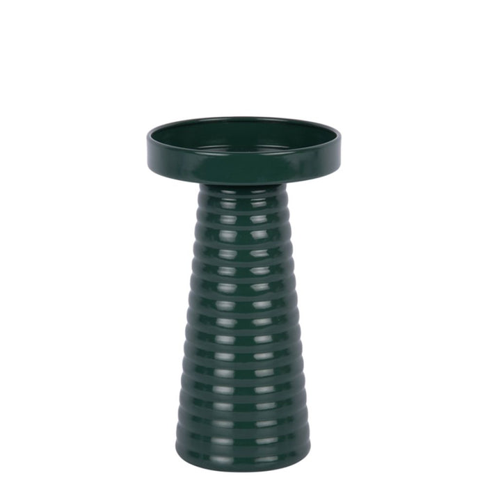 Alpine green ribbed iron candle holder with a wide circular top and tapered base.