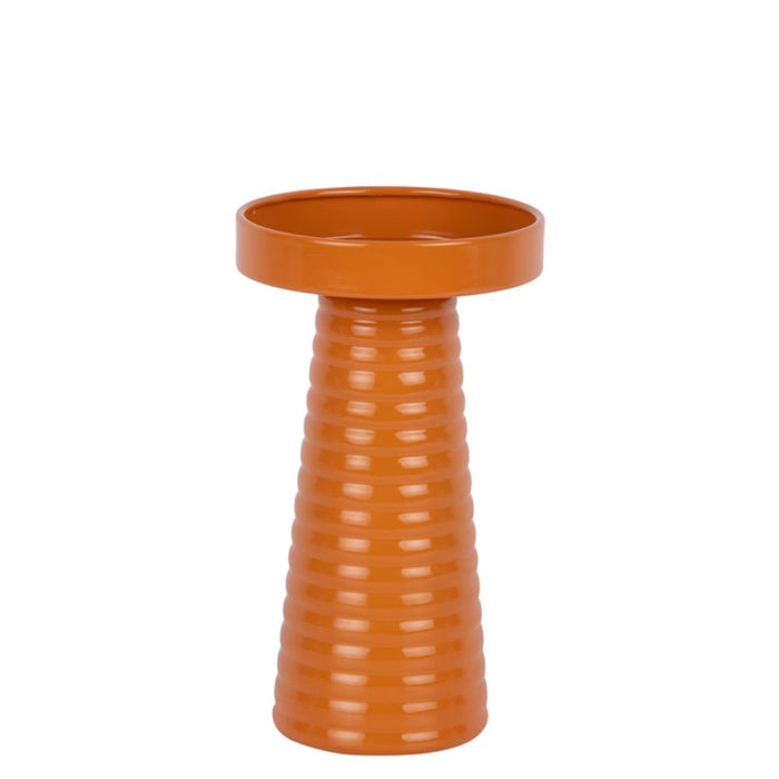 Desert orange ribbed iron candle holder with a conical base and wide top tray on a white background.