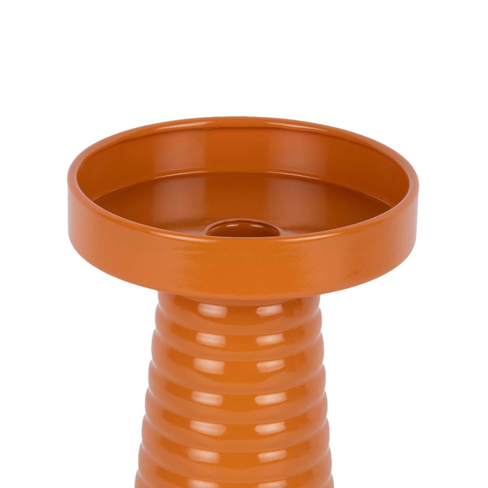 Close-up of the wide top tray and central candle well of the orange Catania ribbed iron candle holder.