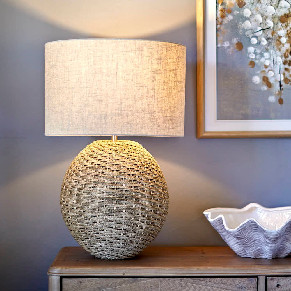 Rattan Orb Table Lamp with Linen Shade