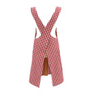Rear view of red gingham apron showing the cross-back strap design