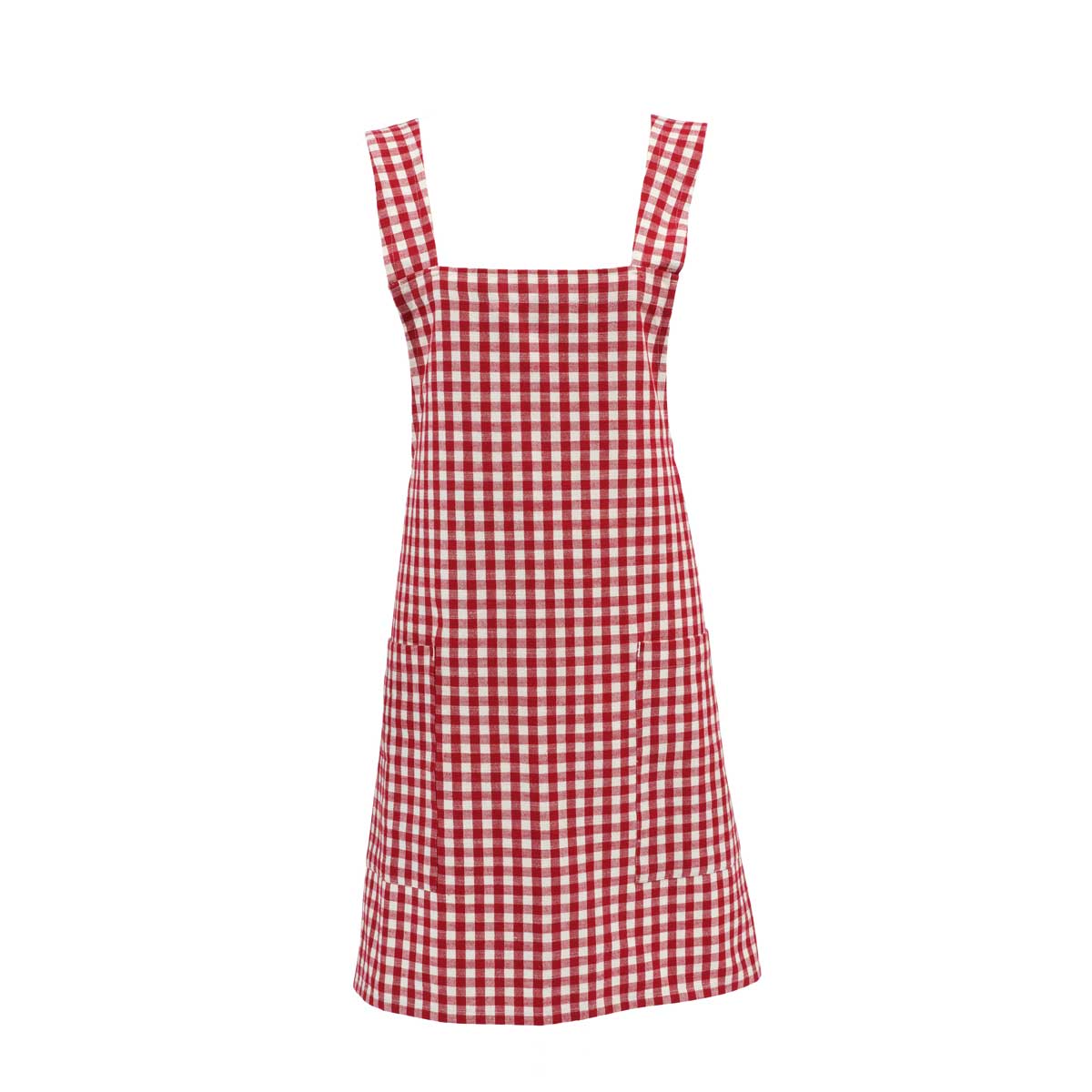 Red and white gingham cross-back apron with two front pockets