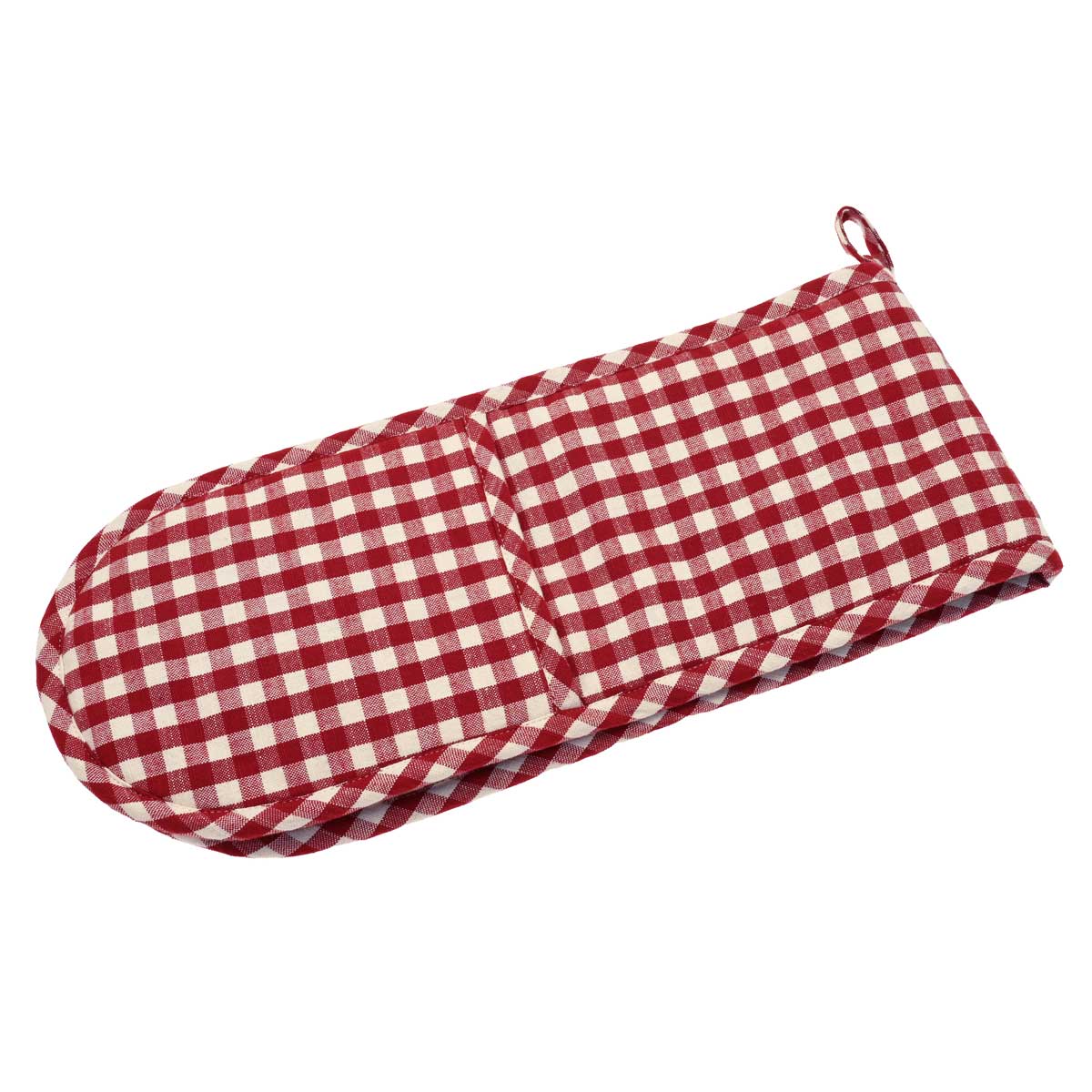 Red and white gingham double oven glove with hanging loop and bound edges.