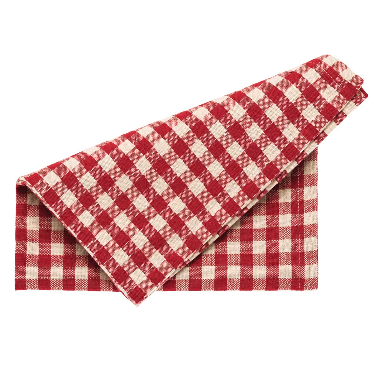 Folded red and cream gingham cotton napkin showing the woven check pattern against a white background.