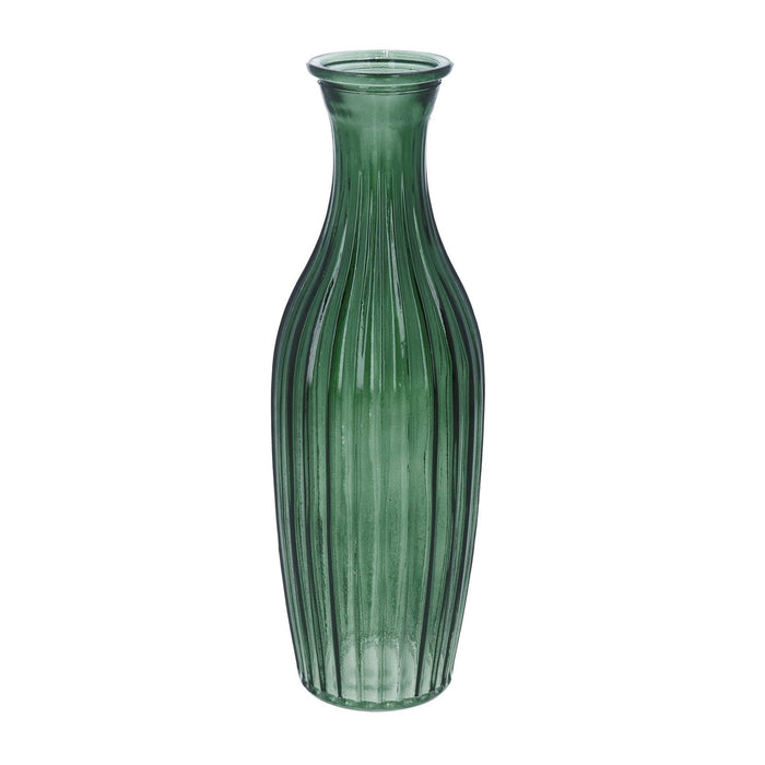Tall ribbed glass bud vase in a rich emerald green finish