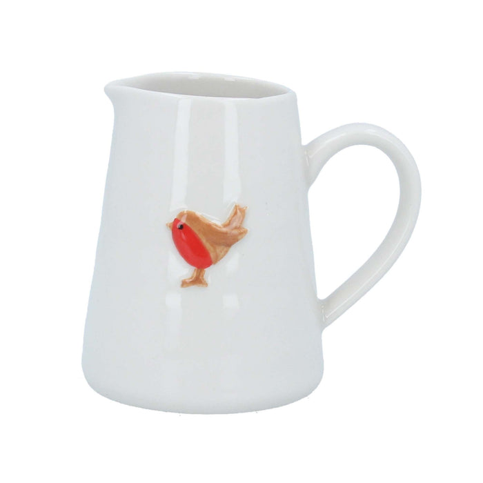 White ceramic mini jug featuring a small, detailed robin bird illustration on the side