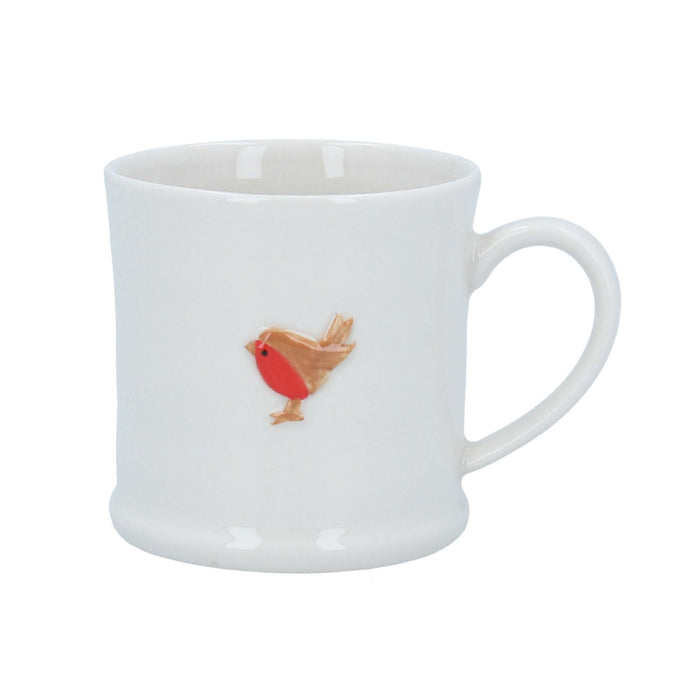 Small white ceramic mug with a central illustration of a red-breasted robin and a sturdy handle.