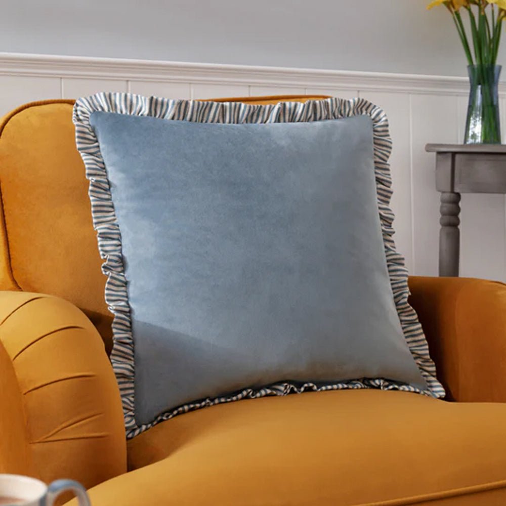 Ruffled Matte Velvet Cushion in Blue