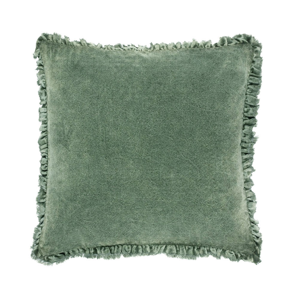 Ruffled Velvet Cushion in Moss Green