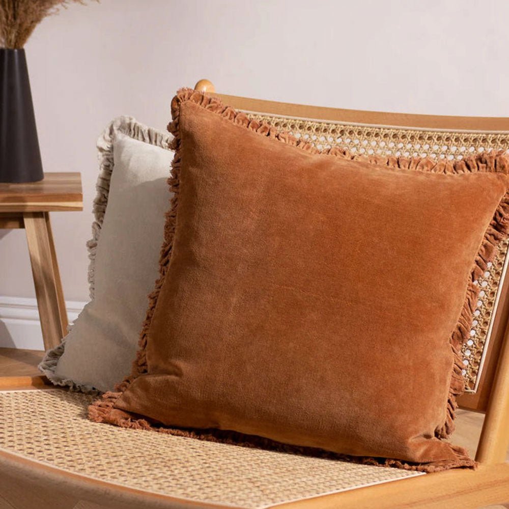 Ruffled Velvet Cushion in Rust Pink