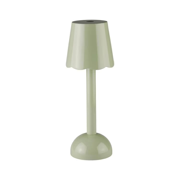 Rechargeable sage green scallop LED lamp with a high-gloss lacquer finish against a white background