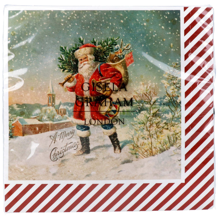 Pack of 20 vintage Santa napkins in packaging featuring a classic Santa illustration and red striped border.