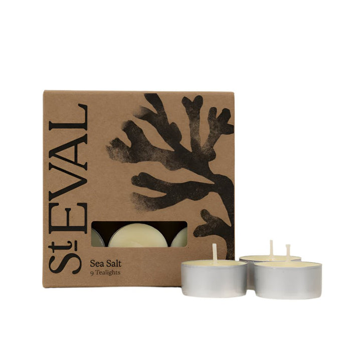 Box of Sea Salt tealights featuring seaweed illustration and three individual candles in metal cups