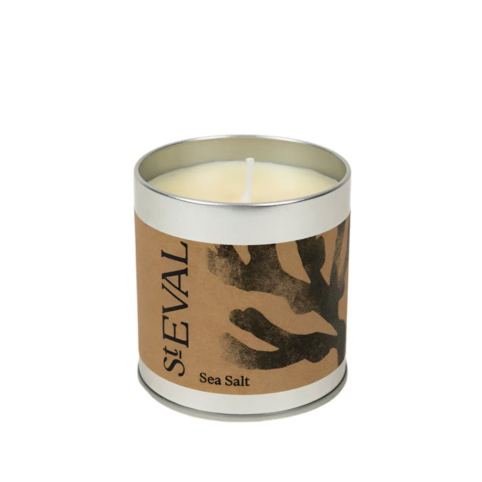 Open Sea Salt scented tin candle showing the white wax and single wick