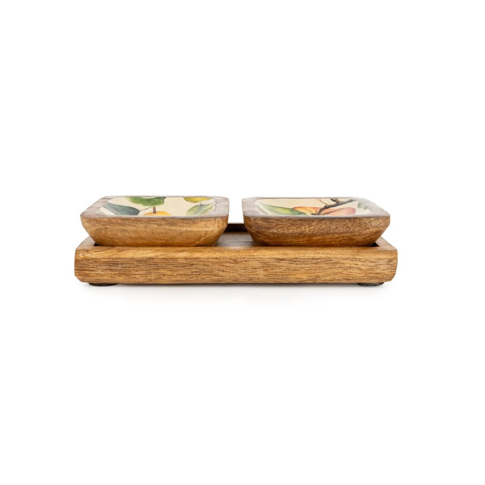 Set of 2 Small Mango Wood Dipping Bowls, Apples & Pears
