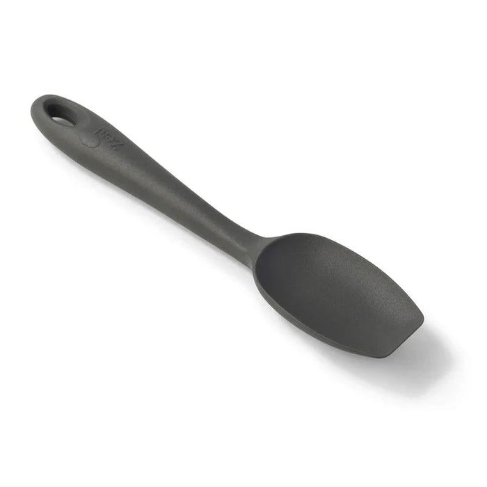 Dark grey silicone spatula spoon with a flat-ended tip and ergonomic handle.