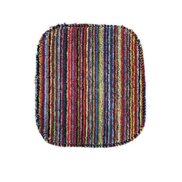 Overhead view of a Small Euro Scrubby showing its textured, multi-coloured vertical stripes and frayed edge design