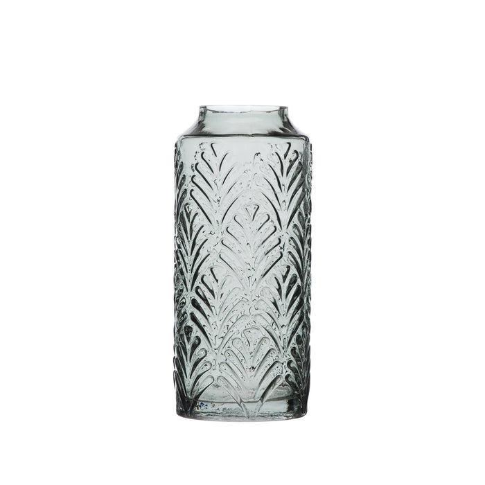 Tall smoked grey glass vase with embossed leaf design and narrow neck