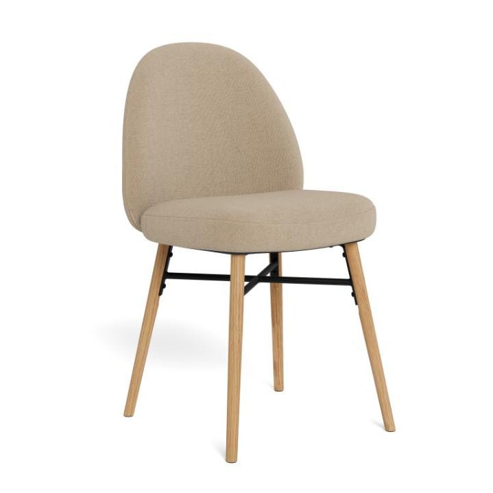 Sophia dining chair in beige chenille fabric with natural oak legs and black metal cross frame