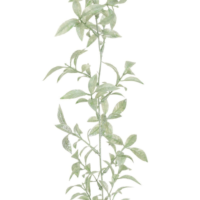 Close-up of the Sparkle Mini Leaf Garland showing the delicate green leaves and subtle shimmering accents.
