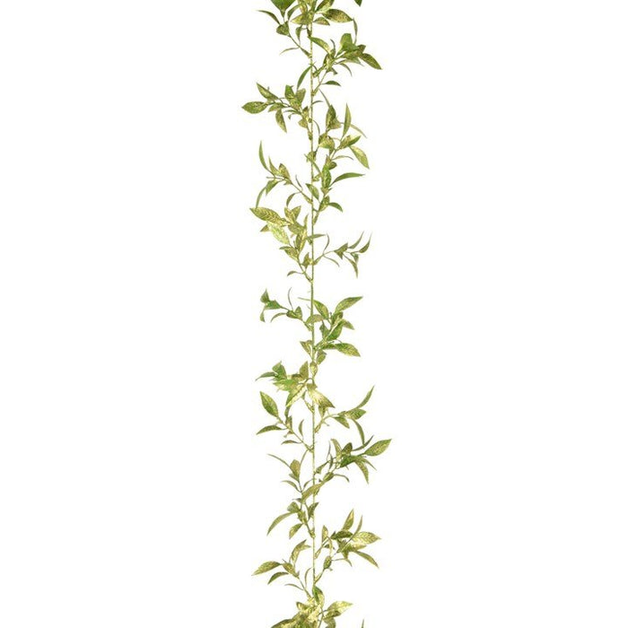 Vertical view of the Sparkling Mini Leaf Garland showing delicate green leaves with golden shimmer against a white background